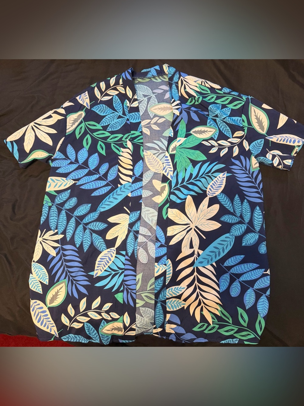 SHEIN Navy Tropical Leaf Print kimono with matching shorts and crop tank